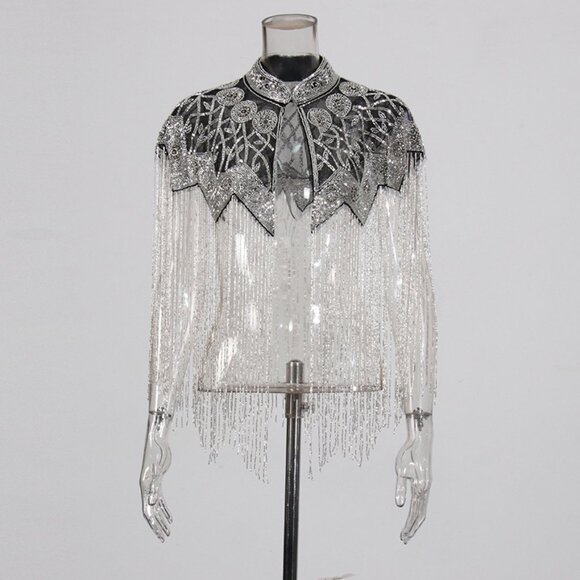 Jackets & Blazers - Glamorous Hand-Beaded Capelet - Sparkling Fringe Shawl Overlay